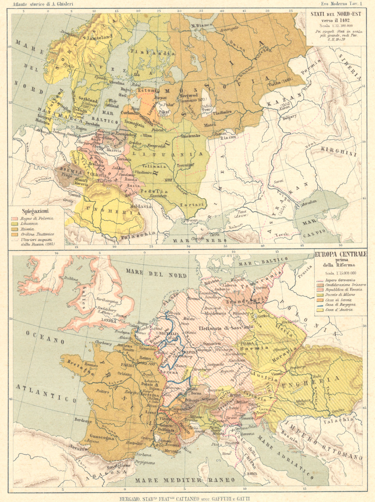 EUROPE. Stati del Nord-Est 1492; Europa Centrale prima della Riforma 1889 map